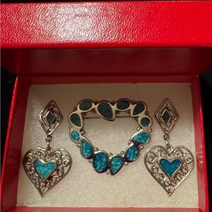 Trifari Turquoise & Silver-tone Heart Earrings & Matching Broach. Vintage-1970’s